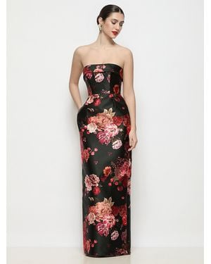 Alfred Sung Strapless Cuff Neck Fleur De Villes Satin Maxi Dress With Column Skirt - White