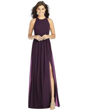 Thread Bridesmaid Shirred Skirt Jewel Neck Halter Dress With Front Slit - Purple