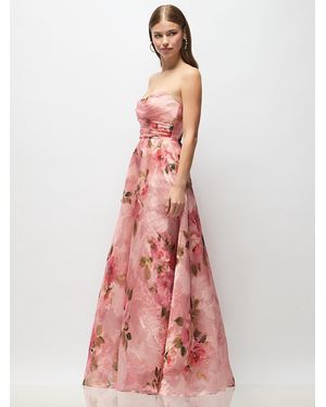 The Dessy Group Strapless Organza Jacquard Maxi Dress With Draped Cat-Eye Bodice - Pink