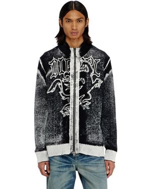 DIESEL Treated Zip Cardigan With Griffin Motif - Black