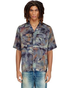DIESEL Satin Shirt With All-Over Camo Print - Blue
