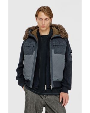 DIESEL Hooded Padded Jacket With Knitted Sleeves - Black