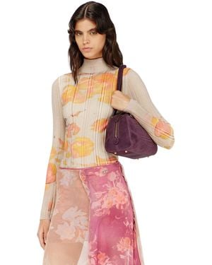 DIESEL Ribbed Wool Turtleneck Top With Floral Print - Pink