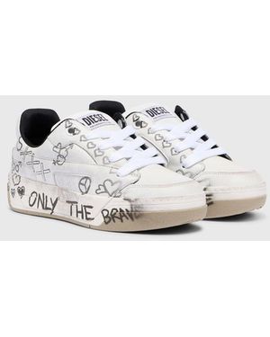 DIESEL D-Ollie-Ledersneaker Mit Graffiti-Print - Weiß