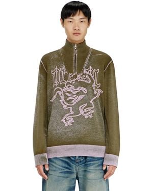 DIESEL Treated Half-Zip Jumper With Griffin Motif - Green