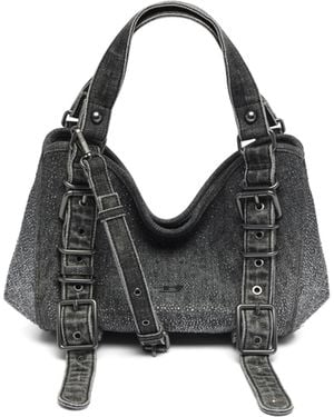 DIESEL D-One-Small Henkeltasche Aus Solarisiertem Denim Mit Kristallen - Schwarz