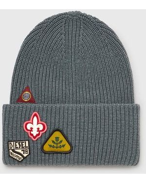 DIESEL Wool Beanie With Logo Patches - Blue