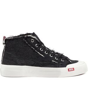 DIESEL S-athos Mid-destroyed Gauze And Denim High-top Sneakers - Black