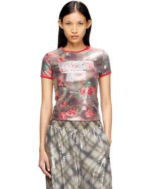 DIESEL Skinny Floral Print Jersey Top With Sequins - Red