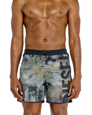 DIESEL Swim Shorts With Distressed Print And Maxi Logo - Blue