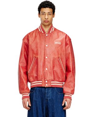 DIESEL Leather Bomber Jacket With Logo - Red