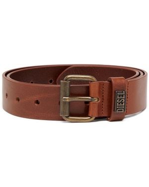 DIESEL 3.5 Cm Leather Belt With Branded Metal Buckle - Brown