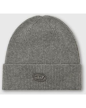 DIESEL Ribbed Beanie With D Embroidery - Grey