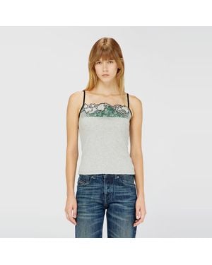 DIESEL Ribbed Camisole With Floral Outline Embroidery - Blue