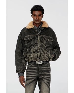 DIESEL Veste Trucker En Denim Effet Usé Doublée Teddy - Noir