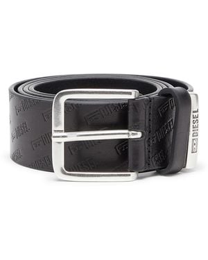 DIESEL 4 Cm Leather Belt With All-Over Embossed Logo - Black