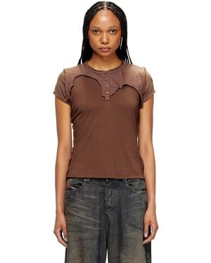 DIESEL Henley T-Shirt With Peel-Off Effect - Brown