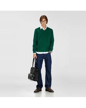 DIESEL Wool V-Neck Jumper With Neck Logo - Green