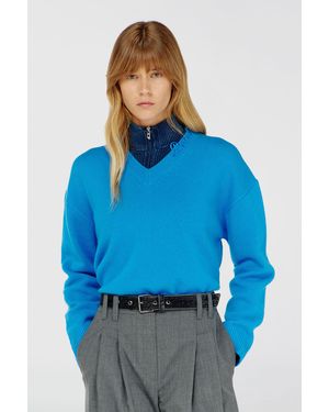 DIESEL Wool V-Neck Jumper With Neck Logo - Blue