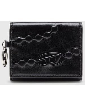 DIESEL Leather Tri-Fold Wallet With Embossed Motif - Black