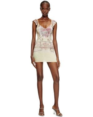 DIESEL Ribbed Dress With Mixed Medieval Print - Natural