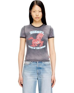 DIESEL Cotton Stretch T-Shirt With Horse Graphic Print - Blue