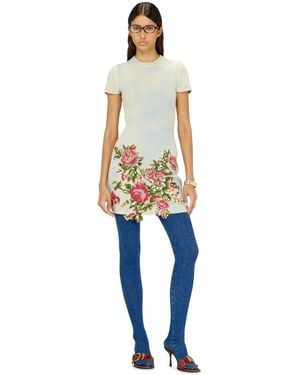 DIESEL Robe Courte En Maille Mélangée Laine À Motif Fleuri - Bleu