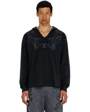 DIESEL Hoodie With V-Neck And Embroidered Front - Black
