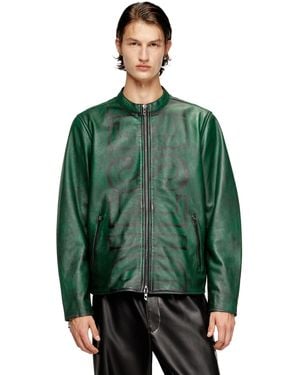 DIESEL Treated Leather Biker Jacket With Faded Logo - Green