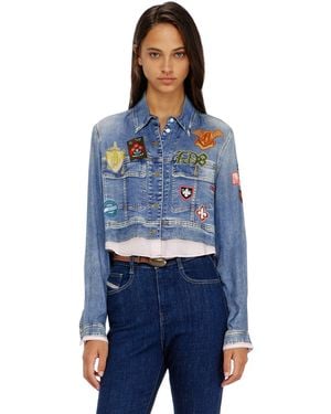 DIESEL Cropped Satin Shirt With Trompe-L'Oeil Denim Print - Blue