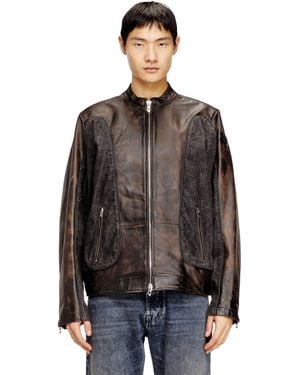 DIESEL Jacke Im Bikerstil Mit Paspelierung Aus Leder Und Denim - Braun