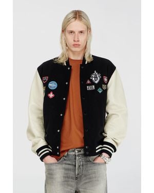 DIESEL Wool And Leather Bomber Jacket With Patches - Black