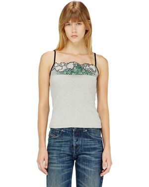 DIESEL Ribbed Camisole With Floral Outline Embroidery - Blue