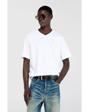 DIESEL V-Neck T-Shirt With Micro Logo Embroidery - White