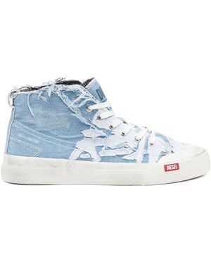 DIESEL S-athos Mid-destroyed Gauze And Denim High-top Sneakers - Blue