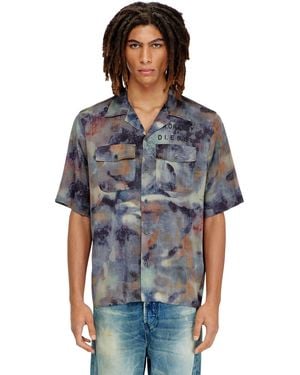 DIESEL Satin Shirt With All-Over Camo Print - Blue