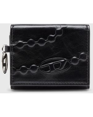 DIESEL Leather Tri-Fold Wallet With Embossed Motif - Black