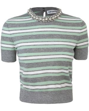 Self-Portrait Striped Jumper With Crystal Trim - Blue
