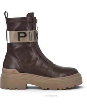 Pinko Leather Ankle Boots With Platform Sole Upper - Brown