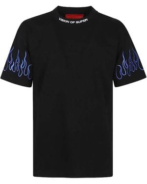 Vision Of Super T-Shirt Nera Con Fiamme Blu Ricamate - Black
