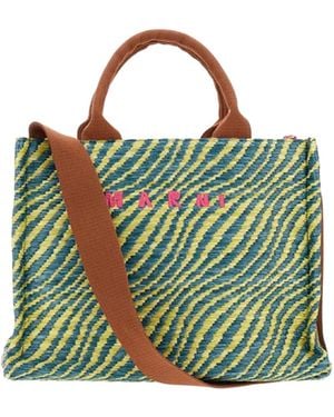 Marni Canvas Tote Bag With Shoulder Strap - Green