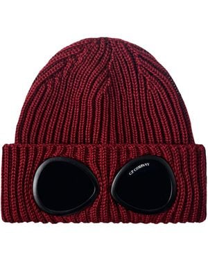 C.P. Company Goggle Ribbed Beanie Hat - Red