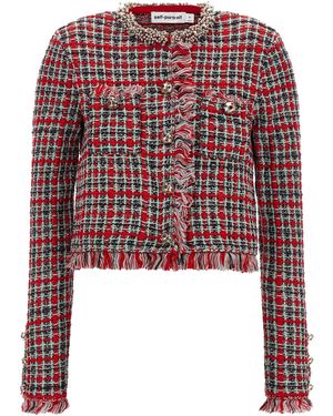 Self-Portrait Cropped Checkered Bouclé Cotton-Blend Jacket