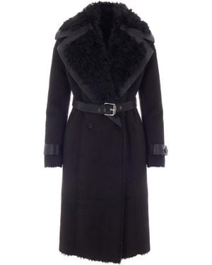 Patrizia Pepe Belted Long Coat With Faux Fur Collar - Blue