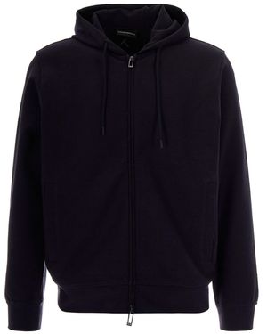 Emporio Armani Jacquard Hoodie With Adjustable Drawstring And Eagle Emblem - Blue