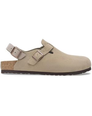Birkenstock Tokio Taupe Suede Leather Slides - White