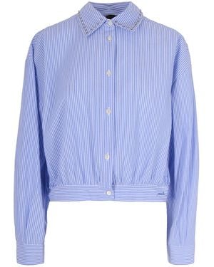 Pinko Cropped Lightweight Cotton Shirt With Vertical Stripes - Blue
