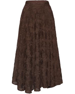 ROTATE BIRGER CHRISTENSEN Flower Mesh Midi Skirt With Textured Floral Appliqués - Brown
