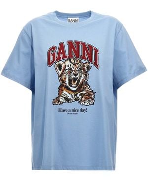 Ganni T-Shirt With Logo - Blue