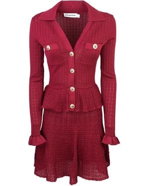 Self-Portrait Abito Mini Burgundy Pointelle Knit - Rosso